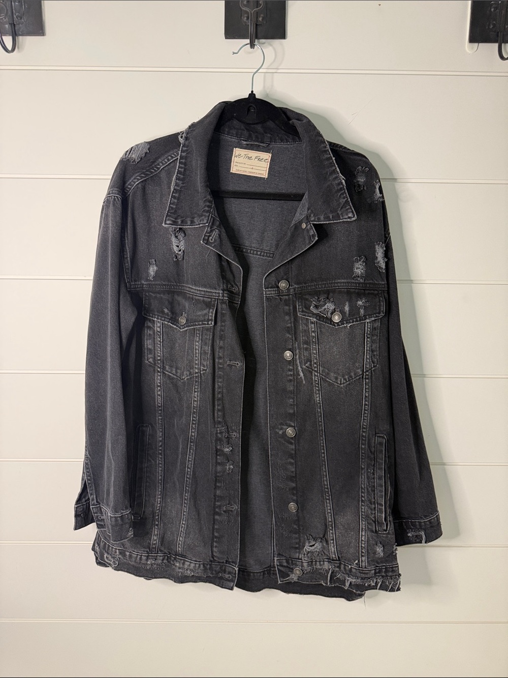 We The Free Black Distressed Denim Jacket
